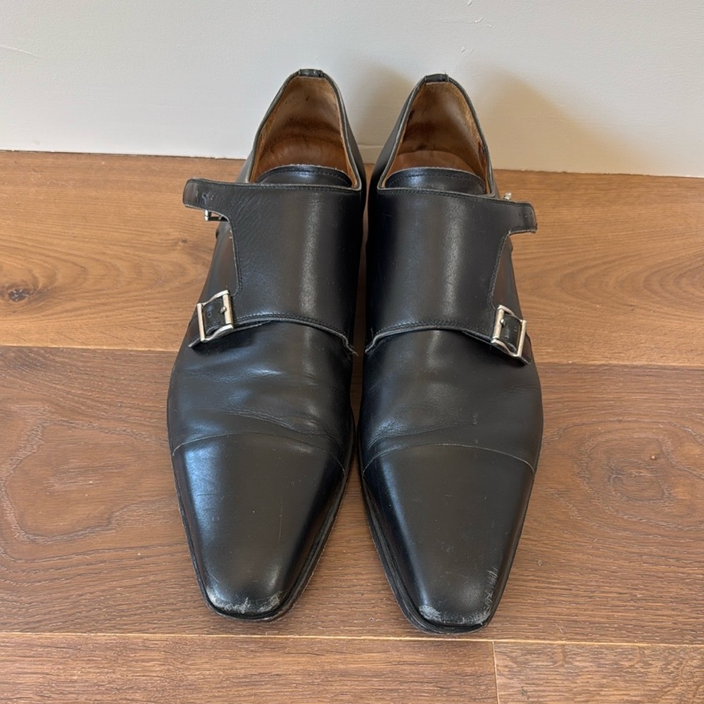 Men's Black Leather Magnanni Monk Double Strap Shoes